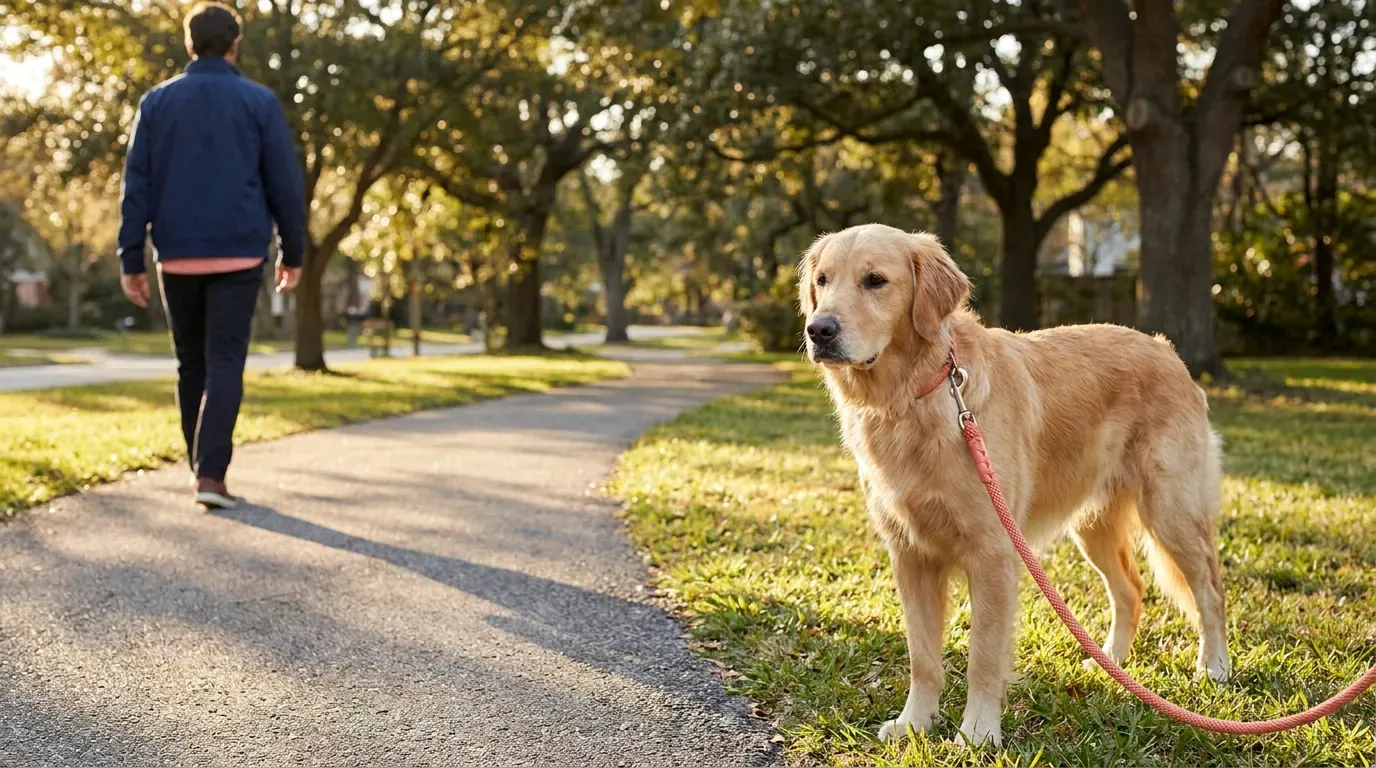 A calm dog on a leash beside a neighborhood park path