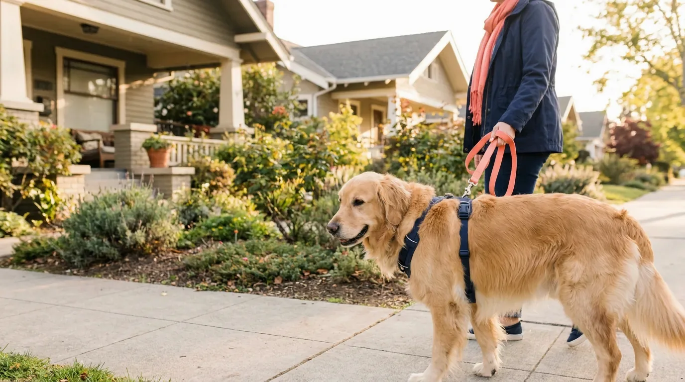 A leashed dog walking along a quiet neighborhood path